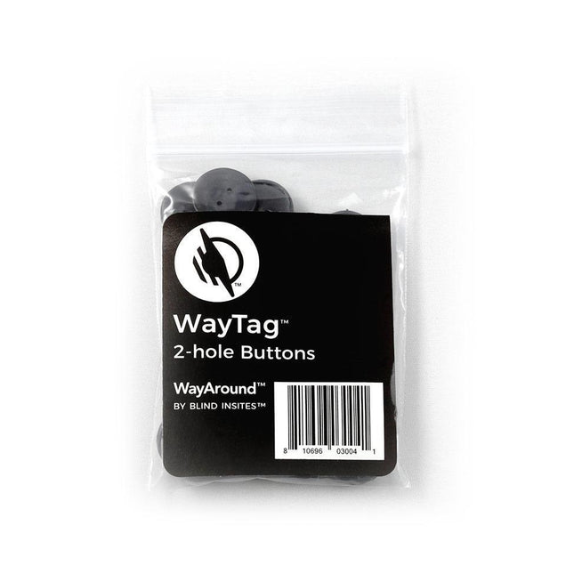 WayAround laundry tagging kit featuring WayTag 2-hole buttons in packaging.
