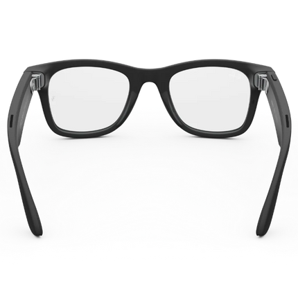 Ray-Ban Meta smart glasses front view with sleek black design and clear lenses.