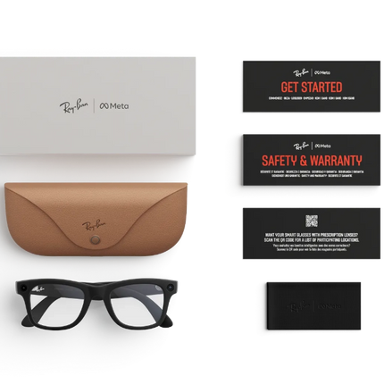 Ray-Ban Meta smart glasses with case and paperwork for users empowering accessibility and hands-free connection.