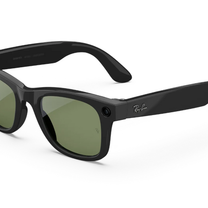 Ray-Ban Meta AI glasses featuring a standard black frame and G-15 green lenses.