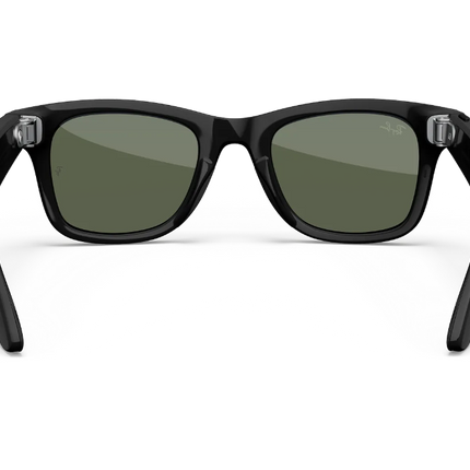 Ray-Ban Meta AI glasses in standard black frame with G-15 green lenses, showcasing a stylish design.