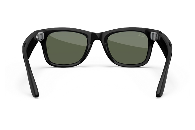 Ray-Ban Meta AI glasses in standard black frame with G-15 green lenses, showcasing a stylish design.