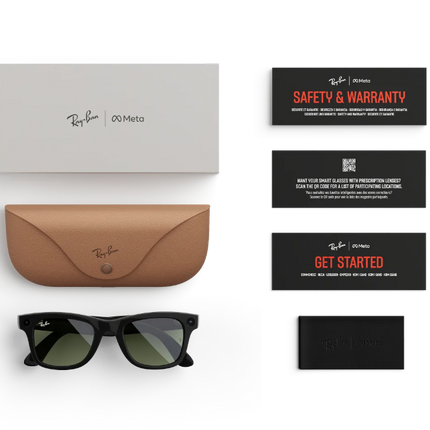 Ray-Ban Meta AI glasses with case and informational cards for safety and warranty.