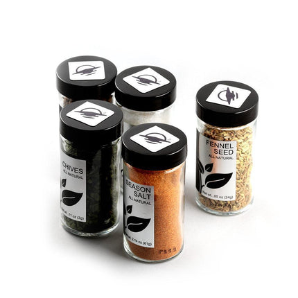 image of five spice jars including chives, seasoned salt, and fennel seed, labeled as all natural