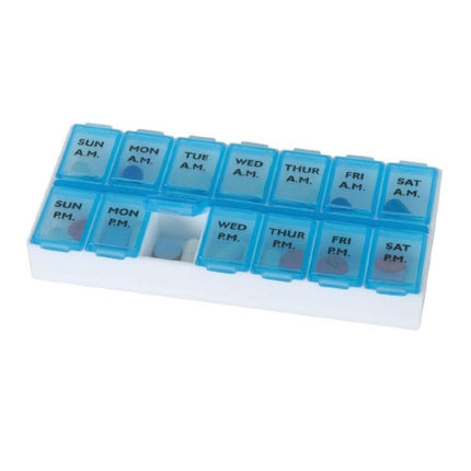 Weekly AM-PM twice-a-day pill planner with compartments for 7 days and easy-to-read labels.
