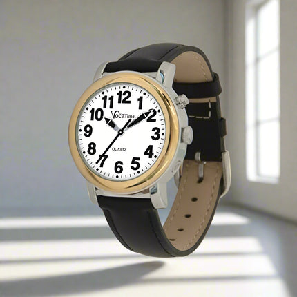 Talking women's bi-color watch displayed with a black leather band and a bold analog face.