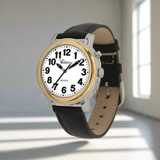 Talking women's bi-color watch displayed with a black leather band and a bold analog face.