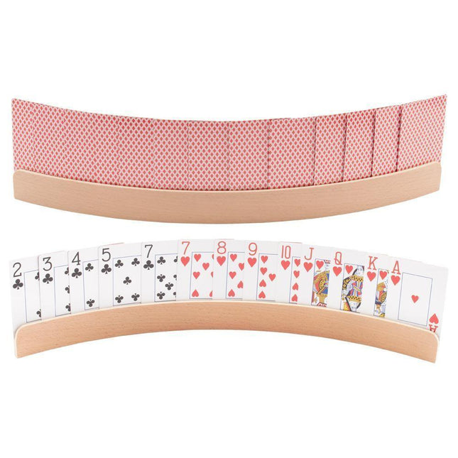Two wooden playing card racks holding multiple cards, showcasing their sturdy design for easy gameplay.